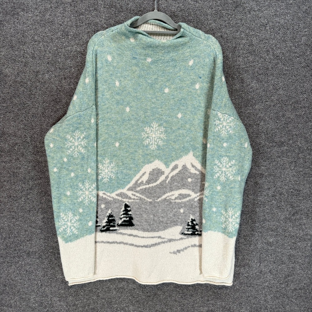 Cupcakes and Cashmere Rollneck Sweater Women XL Blue Snow Mountain Scenic Winter